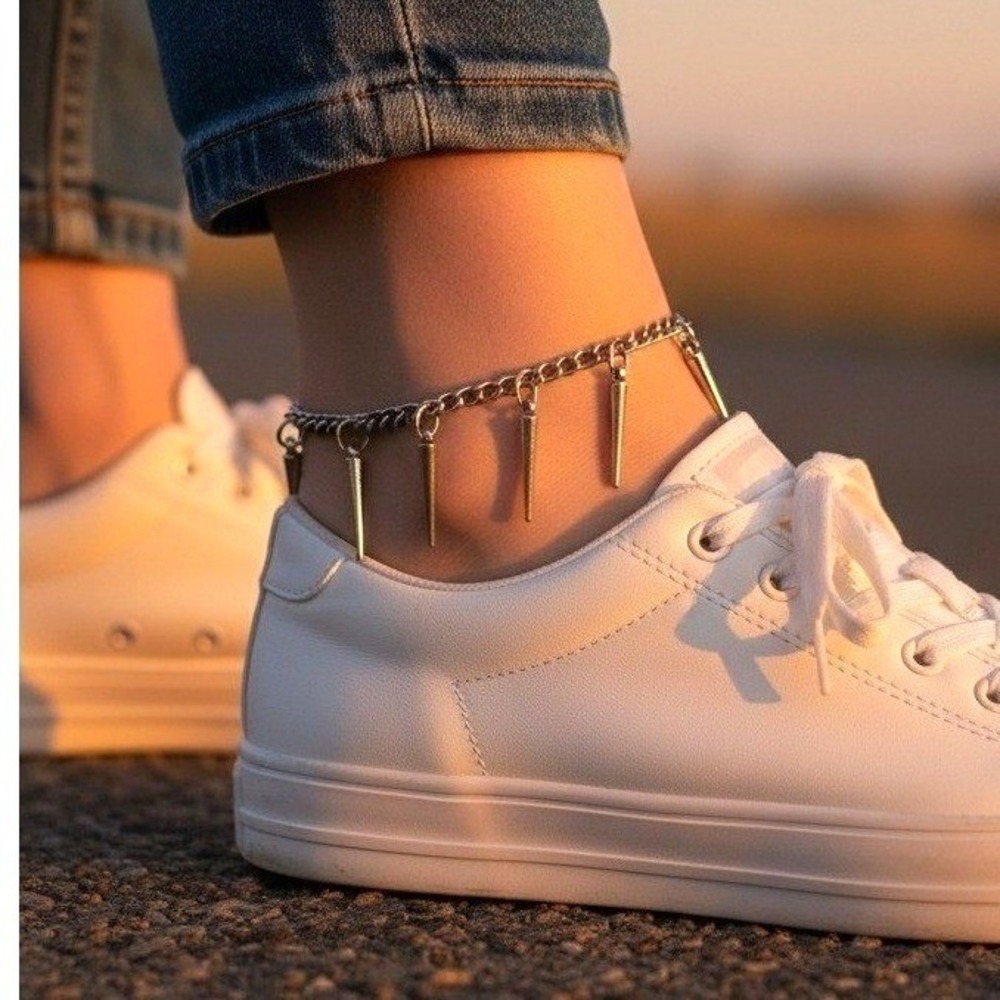 Silver Tone Spike Anklet Adjustable 8–11" Edgy Punk Goth Y2K‎ Chain